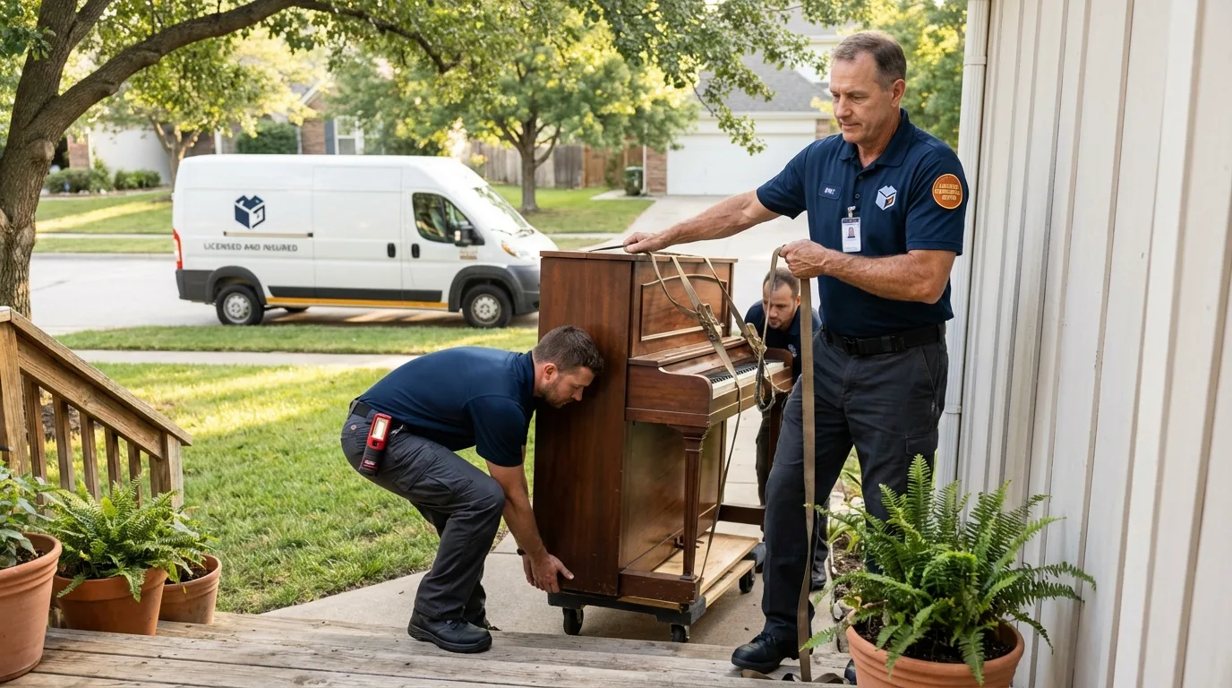 Licensed piano movers securing grand piano in Knoxville, IL