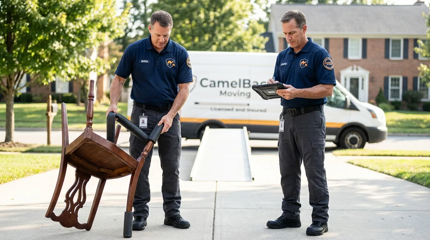 Movers inspecting furniture for damage prevention before loading in Knoxville, IL