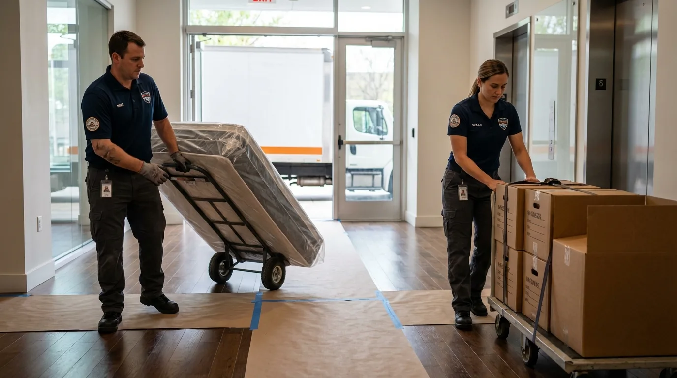 Professional apartment movers loading elevator in Knoxville, IL