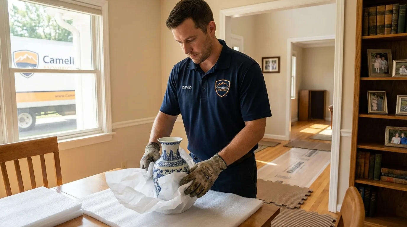 Professional crew carefully wrapping antique vase for senior downsizing move in Knoxville, IL
